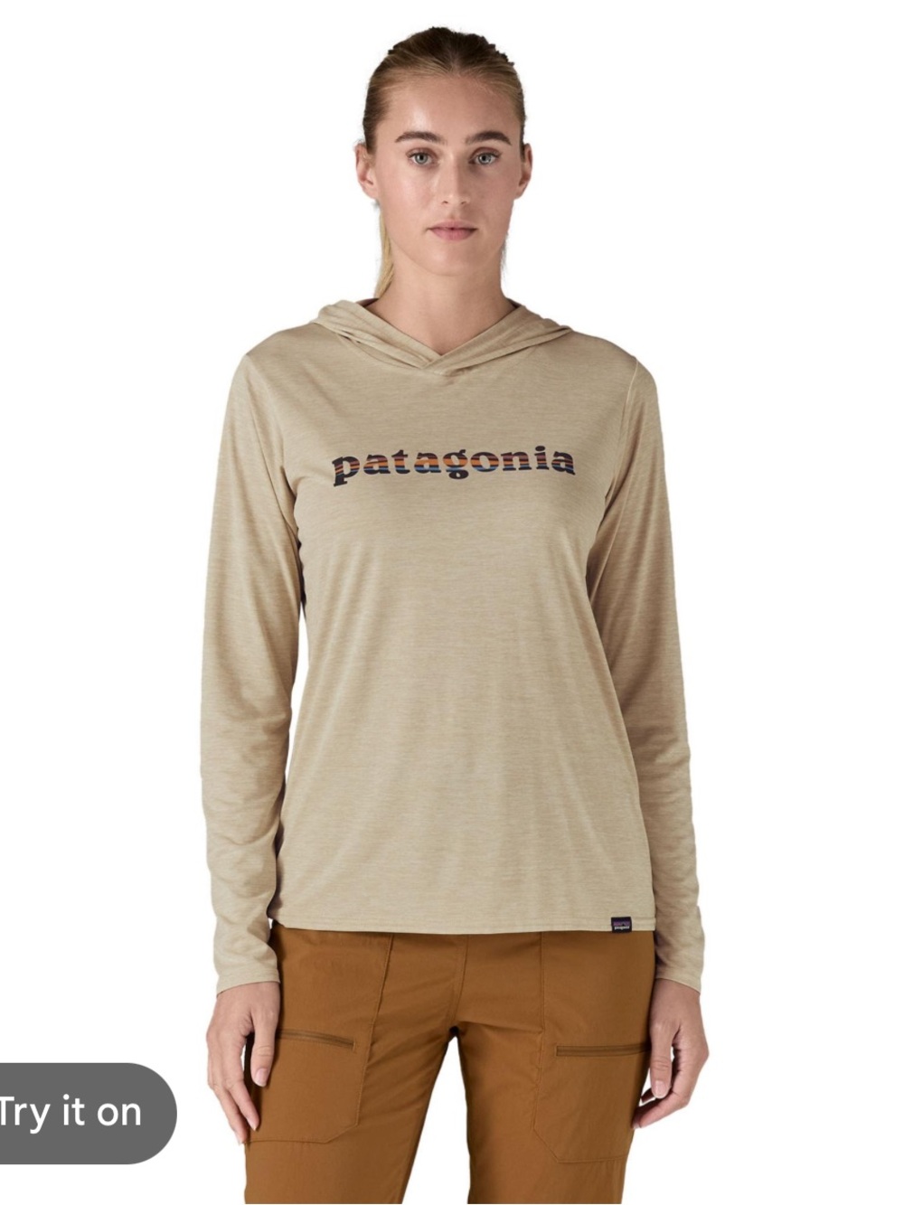 Patagonia capilene cool daily Beige Hooded Long Sleeve Tee with Logo Stripe - Picture 2 of 11